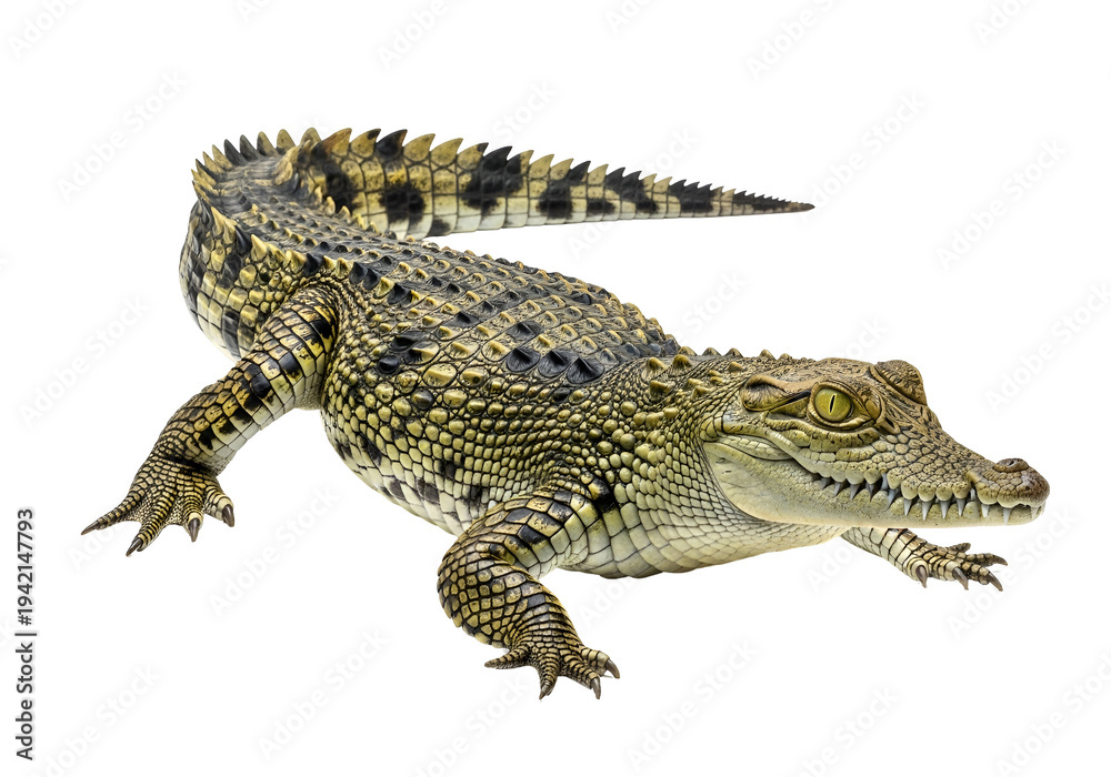 Obraz premium Young Crocodile Resting on White Background