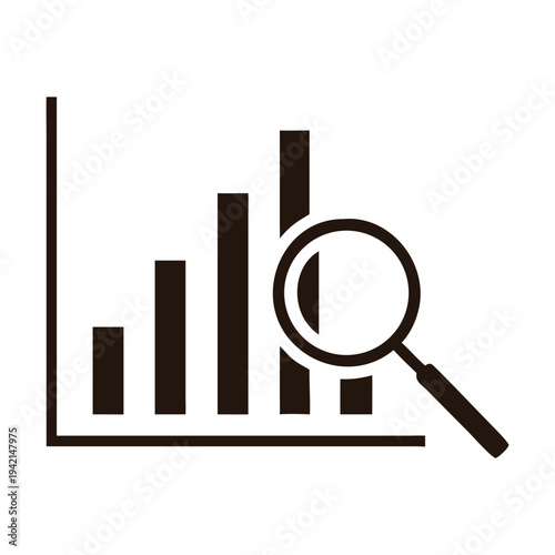 A bar graph with a magnifying glass over it, isolated on, representing data analysis, market research, and business performance evaluation