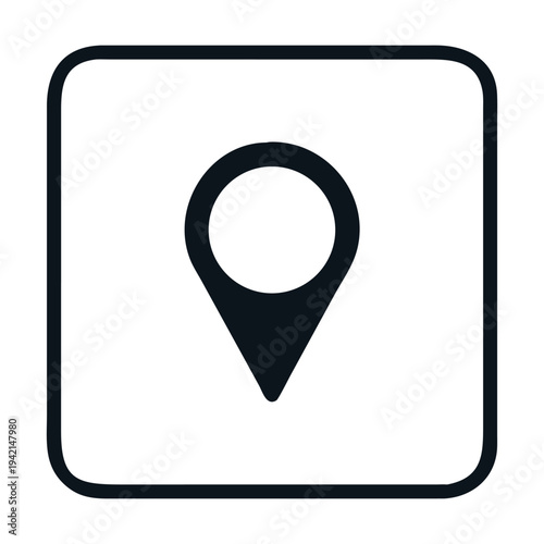 A location pin icon inside a square frame, isolated on, representing navigation, mapping, and geographic positioning for various applications