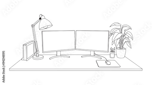 Modern Office Setup with Dual Monitor Desk Illustration for Creative Studio and Remote Work Environment