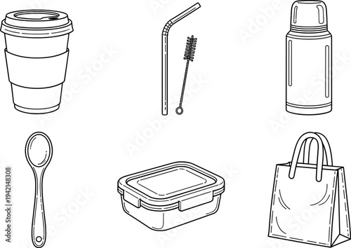 Collection of reusable items for daily use, including a coffee cup, thermos, and lunchbox