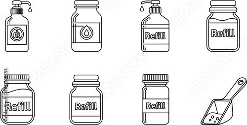 Collection of refillable containers and a scoop, line art icons for sustainability