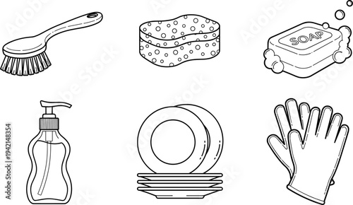 Collection of hand-drawn cleaning supplies for washing dishes and household chores