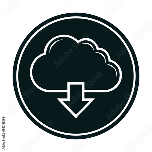 Cloud download icon in a circle isolated on concept of cloud computing, data storage, and online services symbol of downloading information from the internet