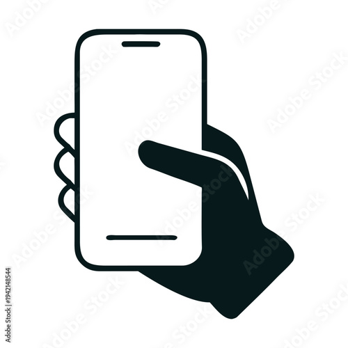 Line art illustration of a hand holding a smartphone, isolated on represents mobile technology, communication, and digital access