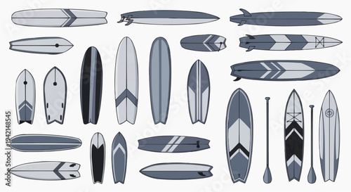 Diverse surfboard collection set in various angles and designs for surfing, water sport activities, summer adventures. Variety of surfboards. 