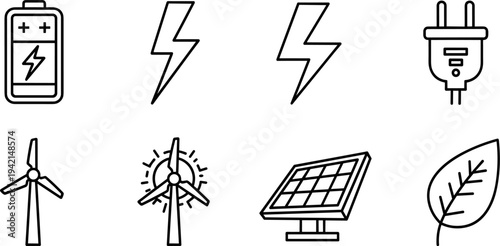 Collection of clean energy icons including battery, lightning, plug, wind turbine, solar panel, and leaf