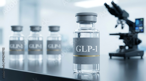 GLP-1 medication vial in laboratory setting with microscope