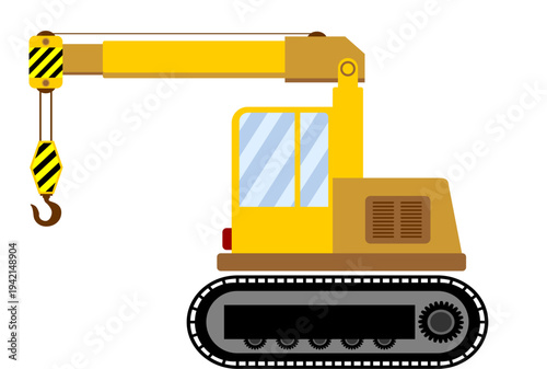 Yellow crawler crane for construction: heavy industrial machinery vector icon illustration.