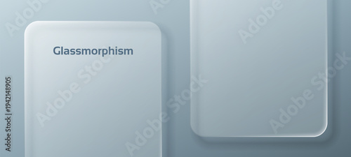 Glassmorphism style background with semi transparent rounded rectangle cards. Frosted glass effect UI design element. Digital layered interface panel for web and mobile app application.