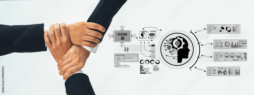 Obraz premium Hands illustrate a partnership in technology with icons and graphs symbolizing artificial intelligence advancements and data analysis. Focus on innovation and collaboration. Trope