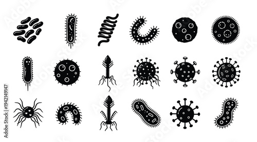 Bacteria Virus Microorganism Silhouette Icon Set Microbiology Germ Vector Illustration