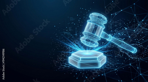 Digital law concept with glowing wireframe gavel and sound block, representing cyber justice, legal technology, blockchain regulation, data protection, and future compliance.