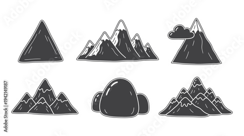 Hand Drawn Mountain Landscape Silhouette Icon Set Nature Peak Hill Vector Illustration