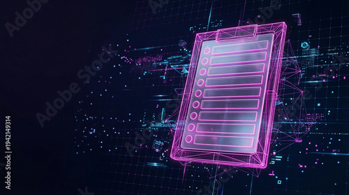Digital checklist concept, featuring a glowing wireframe clipboard with a list, representing digital transformation in a futuristic tech environment.
