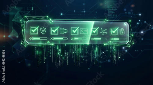 Digital security and verification featuring glowing green checkmark, shield, padlock icons on transparent screen, representing data protection, compliance, and authentication