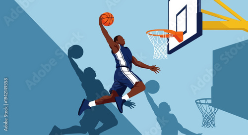 Dynamic Basketball Player Executing a Powerful Slam Dunk.