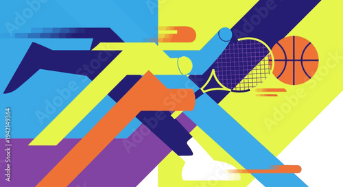 Dynamic Sports Abstract with Geometric Shapes and Athletic Equipment.