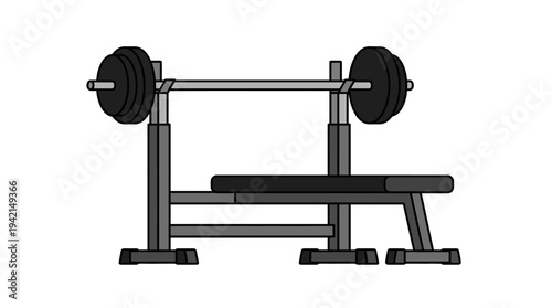 Flat vector outline illustration of a bench press bench, gym workout equipment concept, simple geometric shapes, clean lines, solid colors only,