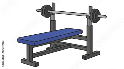 Flat vector outline illustration of a bench press bench, gym workout equipment concept, simple geometric shapes, clean lines, solid colors only,