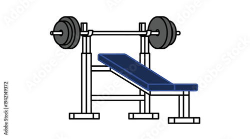 Flat vector outline illustration of a bench press bench, gym workout equipment concept, simple geometric shapes, clean lines, solid colors only,