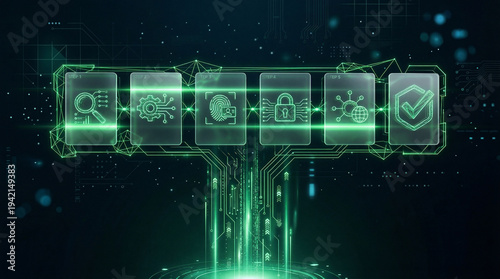 Digital security process with six glowing green transparent steps featuring analysis, gear, fingerprint, padlock, network, and shield icons, representing data protection and smart technology workflow.