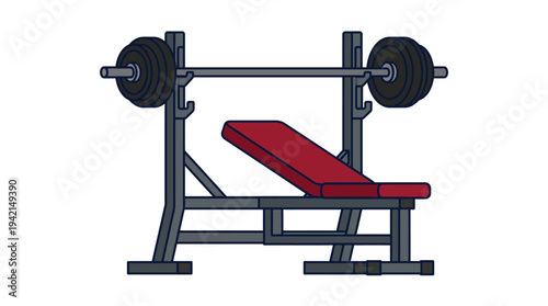 Flat vector outline illustration of a bench press bench, gym workout equipment concept, simple geometric shapes, clean lines, solid colors only,