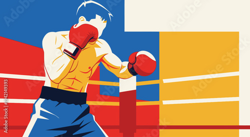 Dynamic Boxer in Action Posing in Boxing Ring.