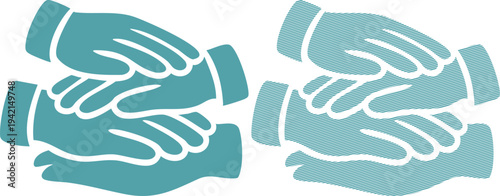 Two teal handshakes one solid one striped blue green