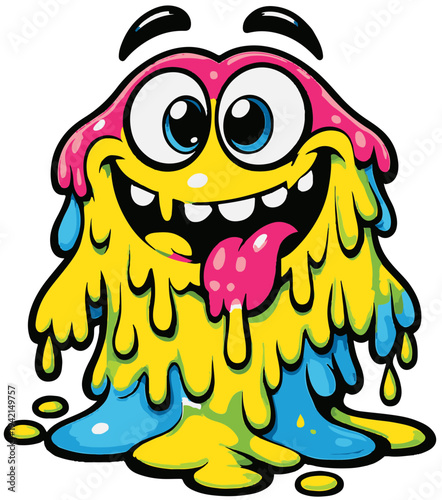 A silly monster with a melting smile and playful personality. The exaggerated shapes and bold colors make the design visually striking and memorable