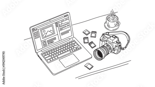 Laptop with Camera and Coffee Cup Icon for Content Creation Digital Marketing and Creative Workspace Vector Illustration