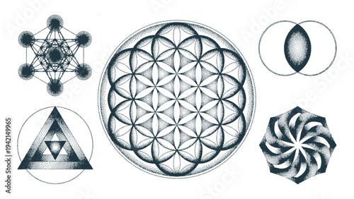 Sacred Geometry Symbol Collection Including Flower of Life for Spiritual Meditation Esoteric and Tattoo Design Use