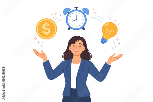 Businesswoman juggling dollar coin, alarm clock, and light bulb icons representing time management, financial success, and creative ideas. Flat vector illustration of multitasking professional.