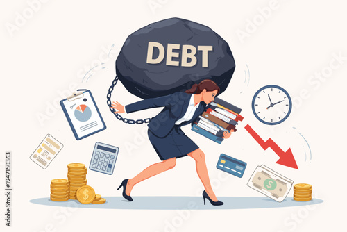 Vector Illustration of a Stressed Businesswoman Carrying a Heavy Debt Boulder and Workload, Symbolizing Financial Burden, Economic Crisis, Bankruptcy, and the Pressure of Unpaid Loans and Bills
