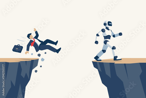 Businessman falling off a cliff while a robot walks ahead, symbolizing job replacement by artificial intelligence, automation, and the shift in the modern workforce, flat vector illustration.