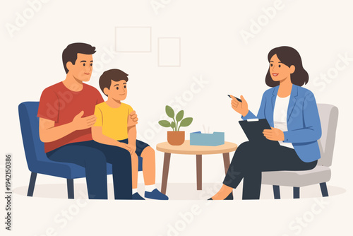 Vector illustration of a father and his young son sitting on a blue chair during a therapy session with a female psychotherapist holding a clipboard and pen in a professional office setting.