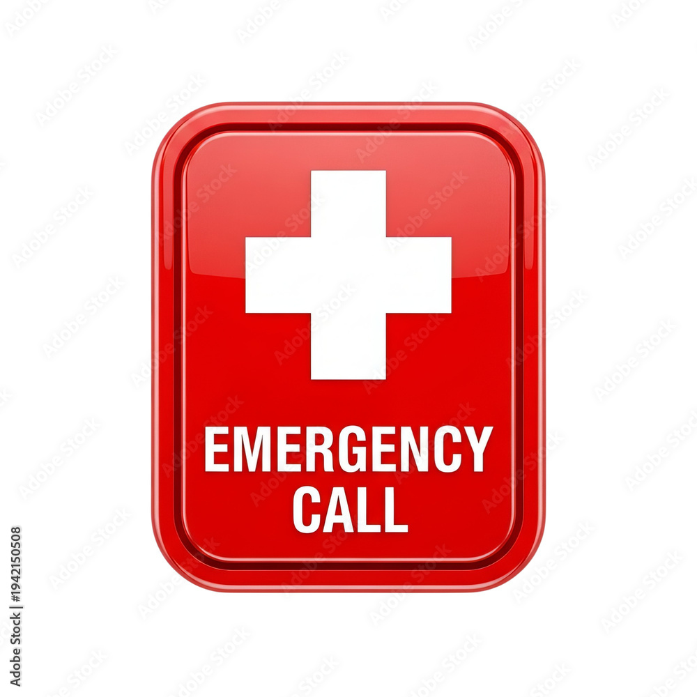 Fototapeta premium Red emergency call button with white cross symbol, medical help and assistance icon