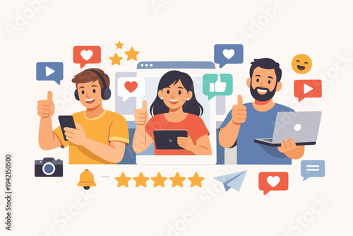 Happy People Giving Positive Feedback and Thumbs Up Reviews on Social Media Platforms Using Mobile Gadgets, Laptop, and Tablet, Customer Satisfaction and Online Rating Vector Illustration