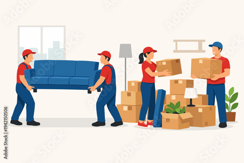 Professional Movers Carrying Blue Sofa and Cardboard Boxes in New Apartment. Team of Workers in Uniform Providing Relocation, Delivery, and Logistics Services. Flat Vector Illustration.