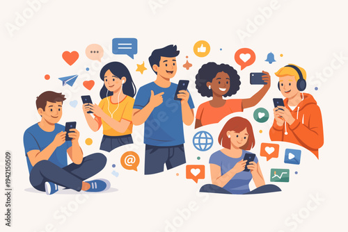 Diverse Group of Young People Using Smartphones and Communicating via Social Media Mobile Apps, Flat Vector Illustration of Men and Women Browsing Internet, Taking Selfies, and Texting Friends.