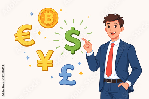 Happy businessman in a blue suit pointing at a green dollar sign surrounded by Bitcoin, Euro, Yen, and Pound Sterling symbols. Flat vector illustration of global currency, finance, and investment.