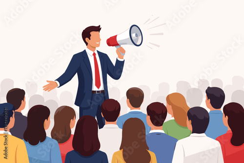 Businessman or politician in a suit holding a megaphone making an announcement to a crowd of people. Leadership, public speaking, marketing, and communication concept flat vector illustration.