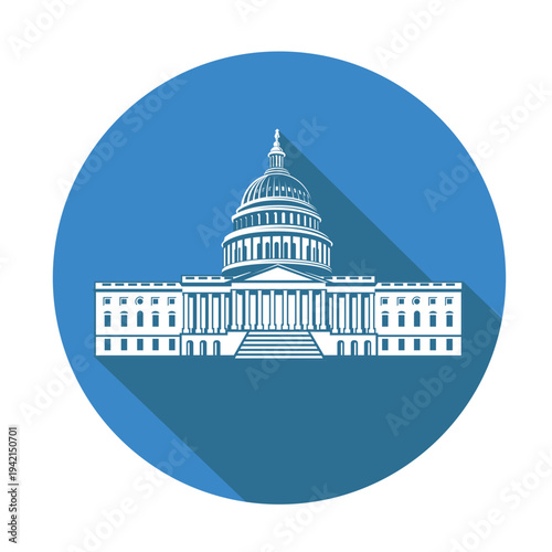 United States Capitol building icon in Washington DC isolated on blue backgrpound