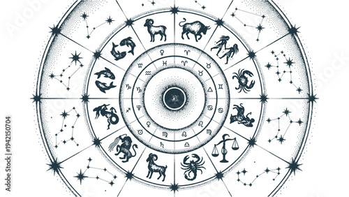 Zodiac Astrology Wheel with All Twelve Signs and Constellations for Horoscope Spiritual and Esoteric Design Use