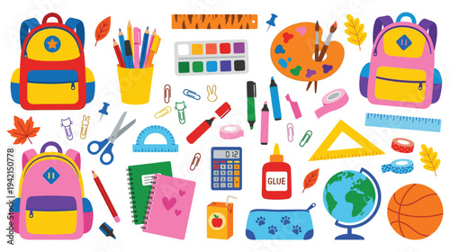 Back to school supplies set with colorful backpacks and stationery kit