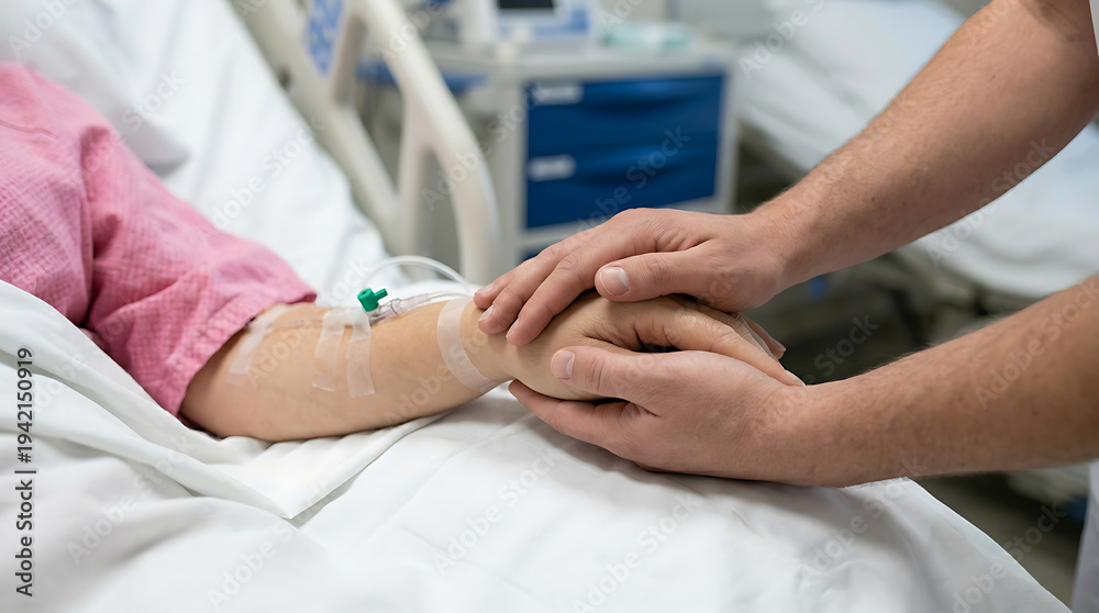 Obraz premium Compassionate man holding hands with loved one in hospital bed
