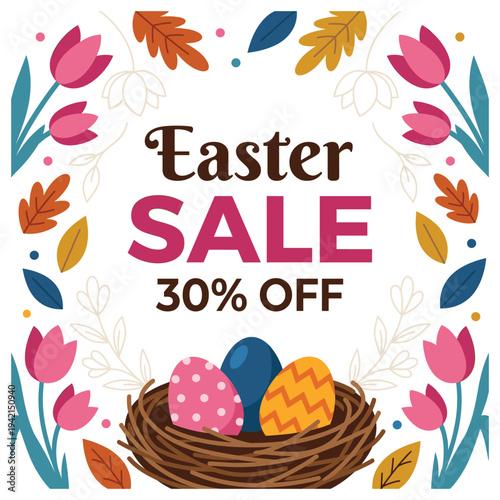 Easter sale banner with spring flowers colorful eggs and bird nest art