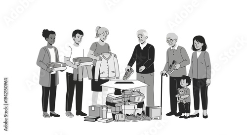 Community members donating items to a charity drive illustrated in black and white.
