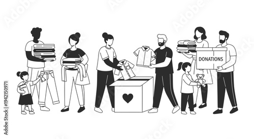 Diverse group of people donating clothes and items to charity.