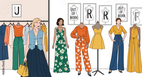 Stylish woman shopping in a modern clothing boutique with mannequins displaying various trendy outfits on hangers.